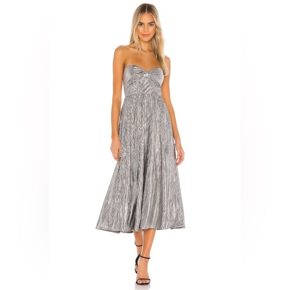 Lovers + Friends Tanya Metallic Silver Strapless Midi Dress | Party Prom